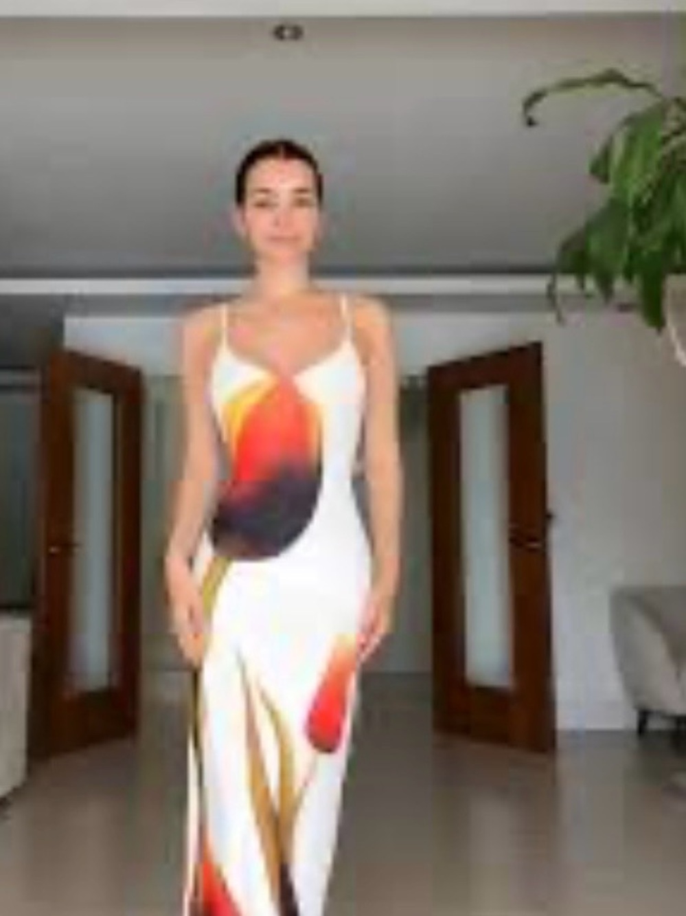 Zara Women’s White Maxi Dress with Red & Gold flower abstract Print